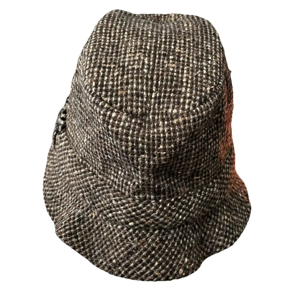Vtg David Hanna Tweed Bucket Hat Donegal Ireland Wool 7.25 Brown Missing Feather